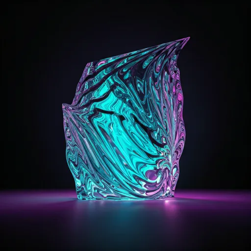 abstract glass sculpture with neon cyan and orchid purple light reflections in a dark space